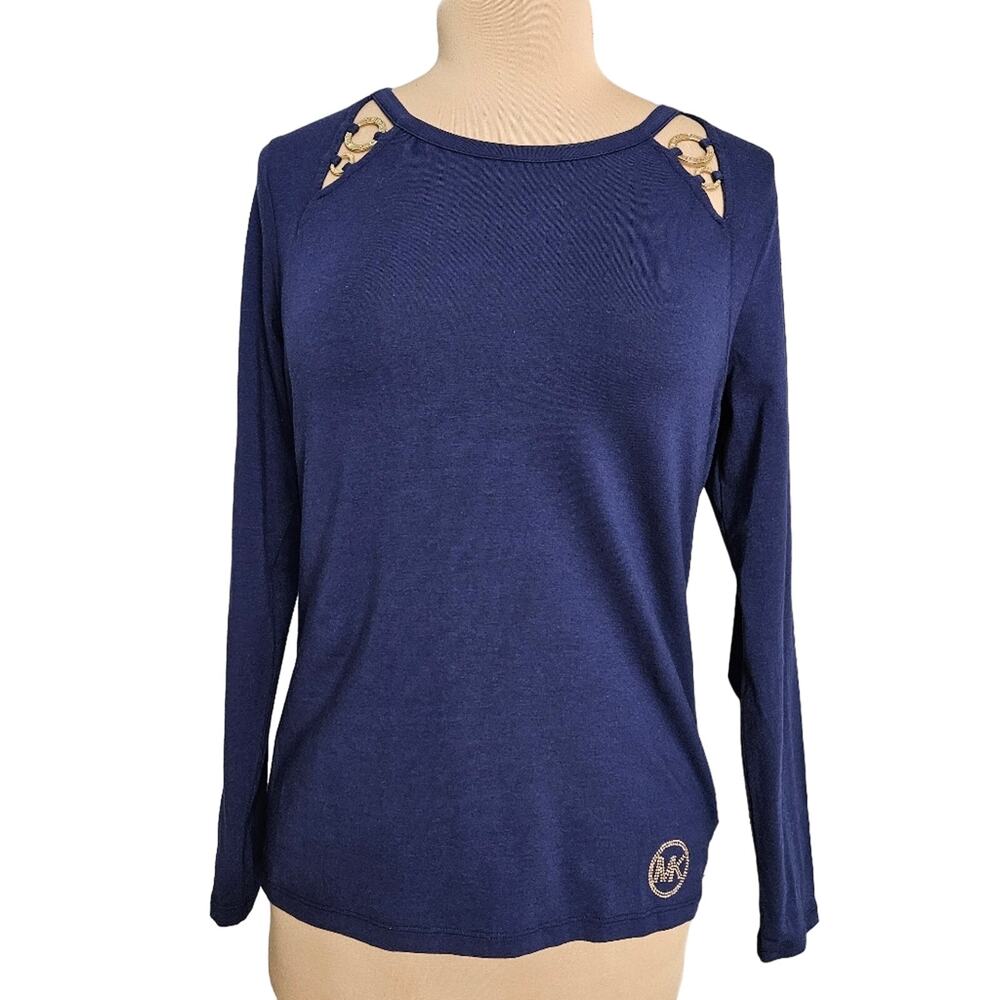 MICHAEL Michaek Kors Top Womens Small Gold Toned Shoulder Cutout Blue Cotton - Picture 1 of 13